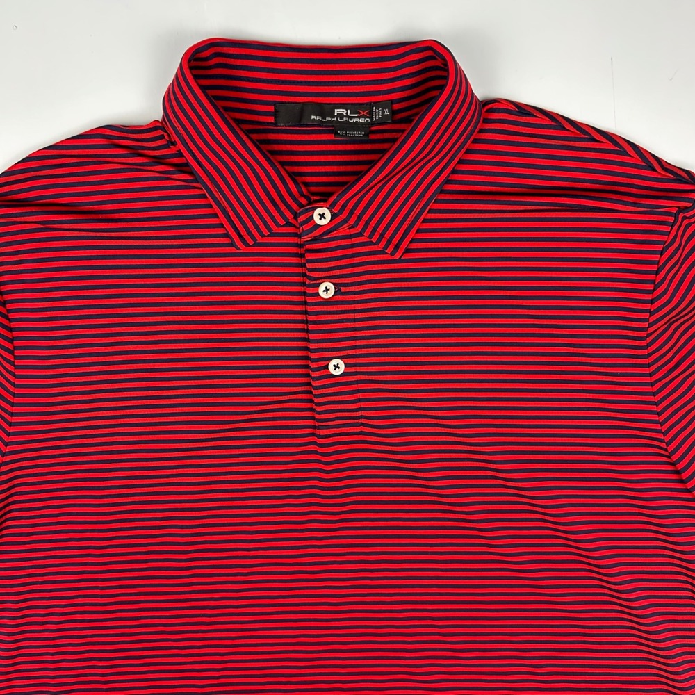 RLX Ralph Lauren Mens XL Red Navy Blue Striped Performance Golf Polo Shirt